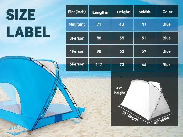 miini tent size label