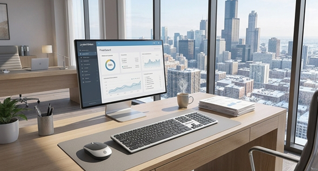 A clean modern desk with a coffee cup and notepad in soft natural lighting