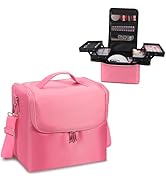 Makeup Travel Train Case, Large Pink Makeup Nail Polish Organizer Bag, 4 Tier Professional Makeup...