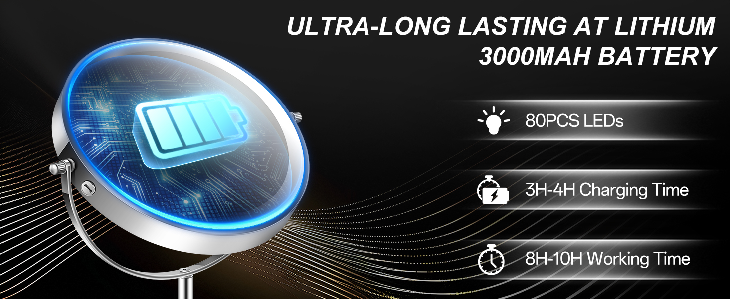 3000mah battery cordless recharging mirror