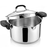 E-far Pasta Pot with Strainer Lid, 6 Quart Tri-Ply Stainless Steel Stock Pot &amp; Push and Lock Hand...