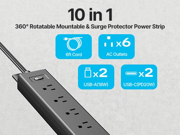 360 Rotatable Mountable Surge Protector Power Strip