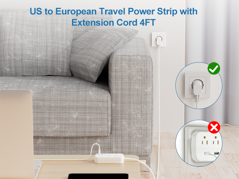 US to European Travel Power Strip with Extension Cord 4FT