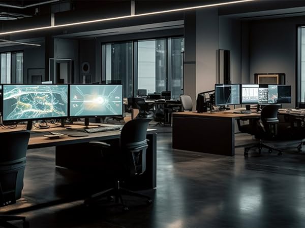 Modern office space with multiple workstations, each featuring dual monitor setups. Dimly lit with ambient lighting and glass partitions.