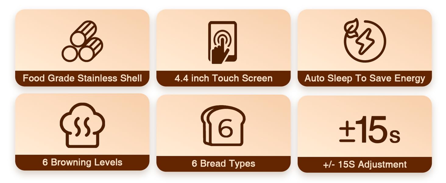 Toaster features: 4.4inch touchscreen, stainless shell, 6 bread types, browning levels, auto sleep.