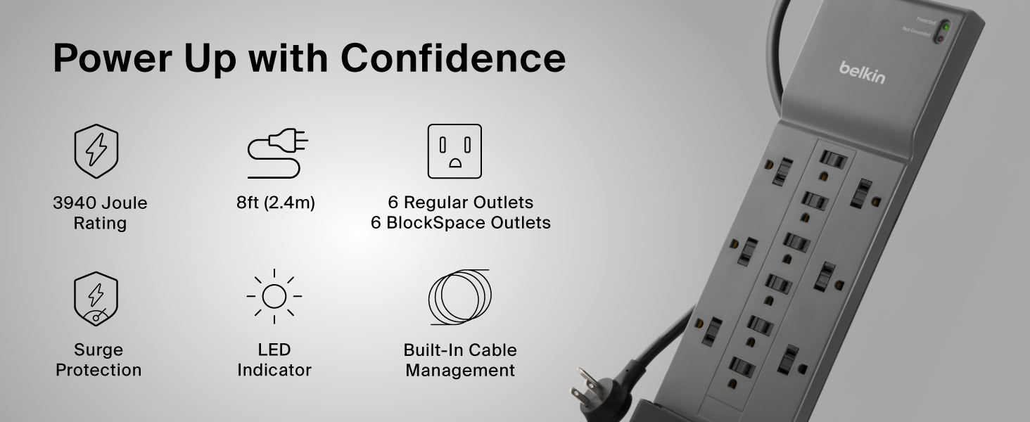 Image of surge protector plugs with text reading power up with confidence.