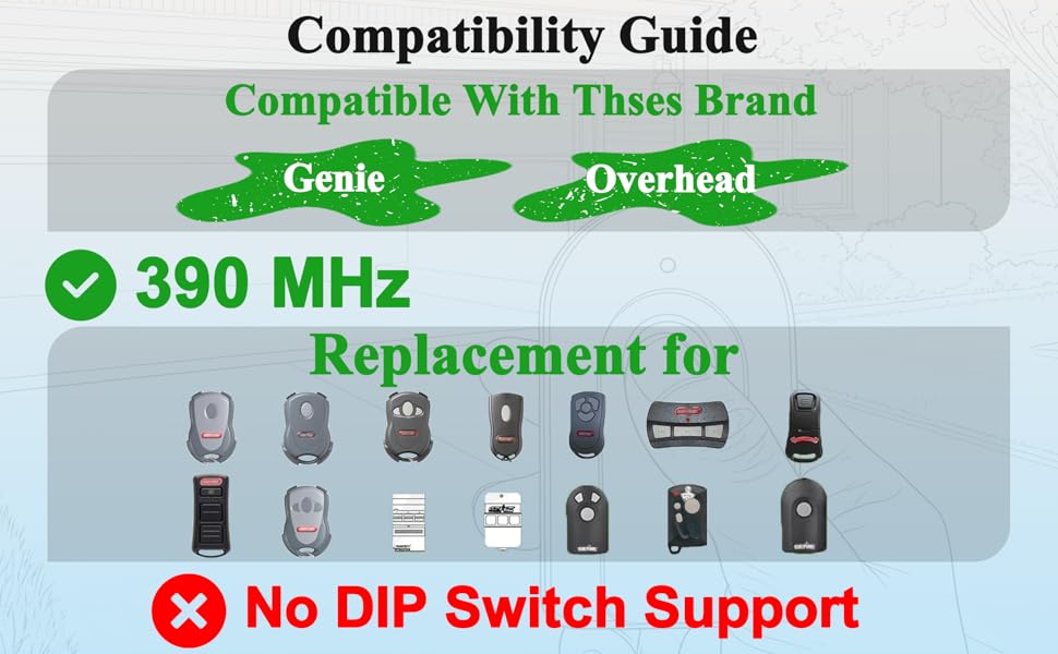 Compatibility guide for RUNQUN remote, showing Genie, Overhead, 390 MHz, and replacement models.