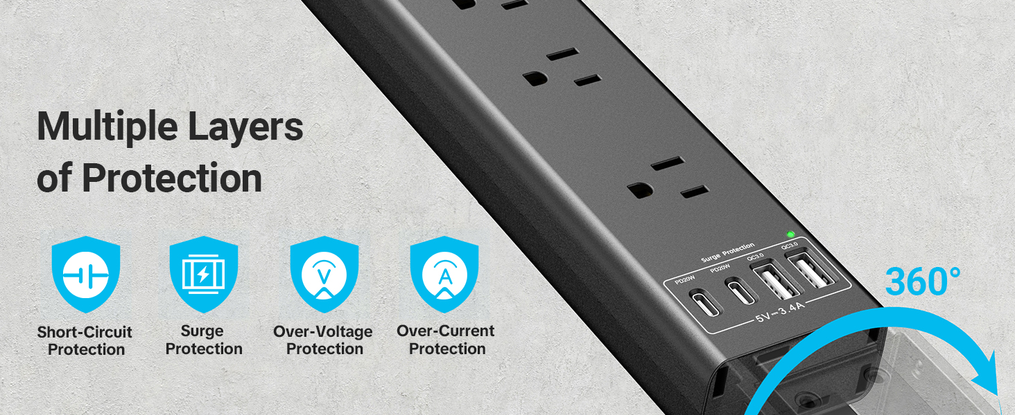360 Rotatable Mountable Surge Protector Power Strip