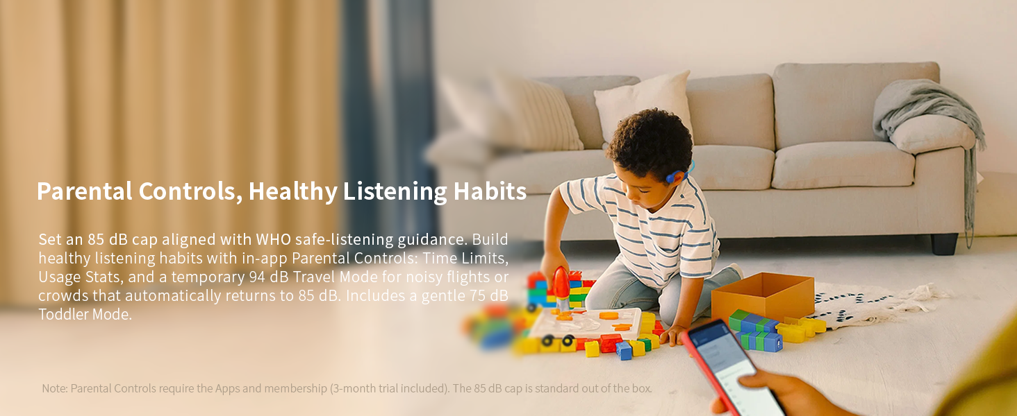 JusTalk app parental controls: 85 dB cap, time limits, quiet hours, usage stats, travel mode.