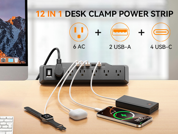 6 ft Flat Plug Dorm desktop charging station with 1800j surge protector