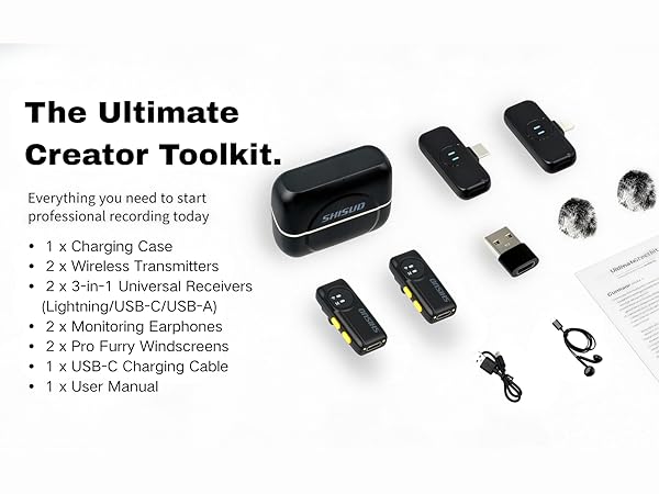 Box contents 2 mics 2 receivers, travel vlogging tools, all in one recording equipment for PC