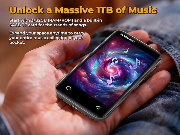 Hand holding a MP3 player with a colorful music galaxy graphic, highlighting 1TB storage support.