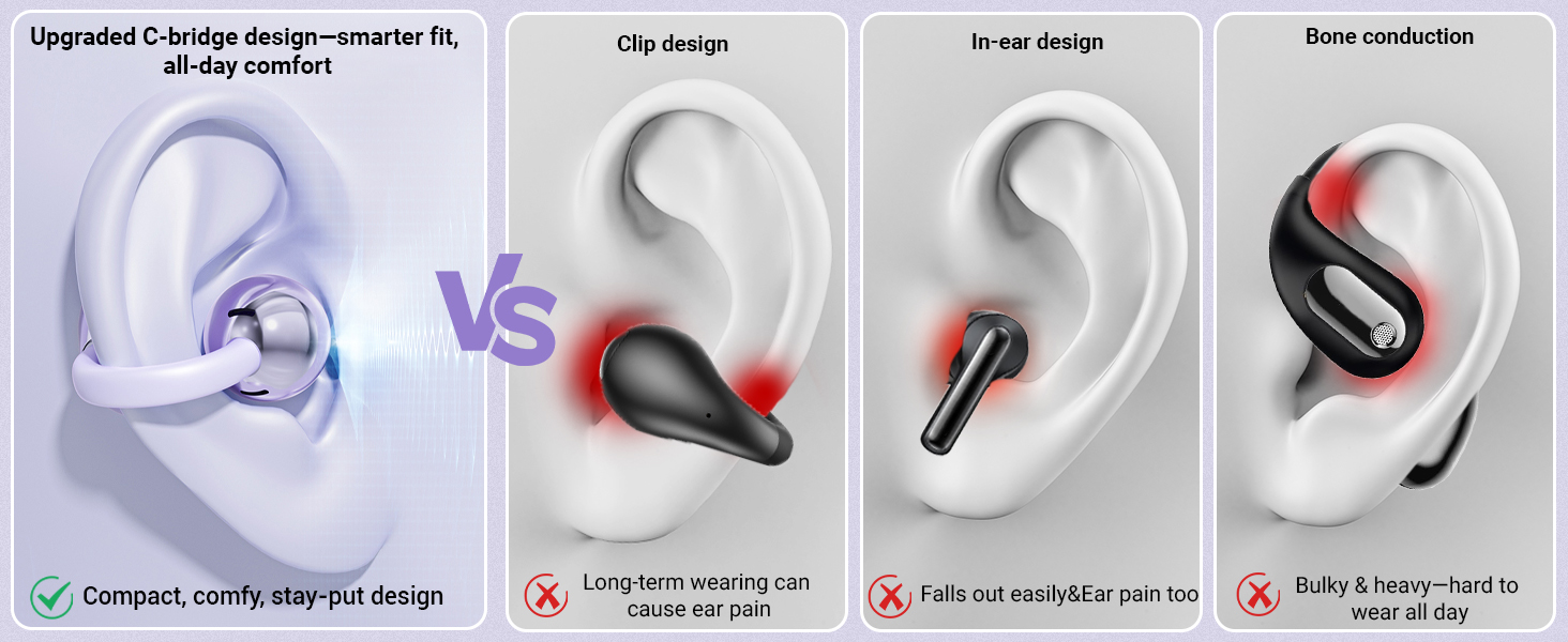 Lightweight Open Ear Headphones with Mic 60H Battery,Waterproof, for Sports, Running
