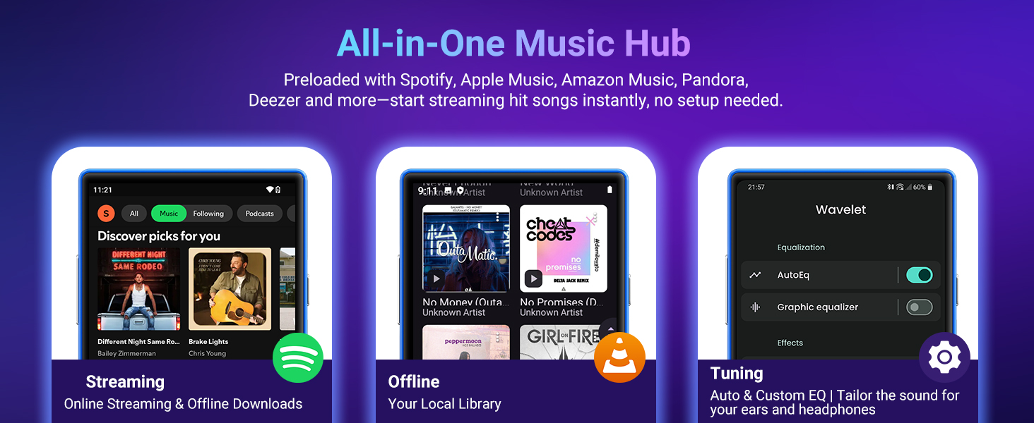 Text reads 'All-in-One Music Hub'. Series of mobile app interface screenshots showing music player layouts with album artwork and playback controls.