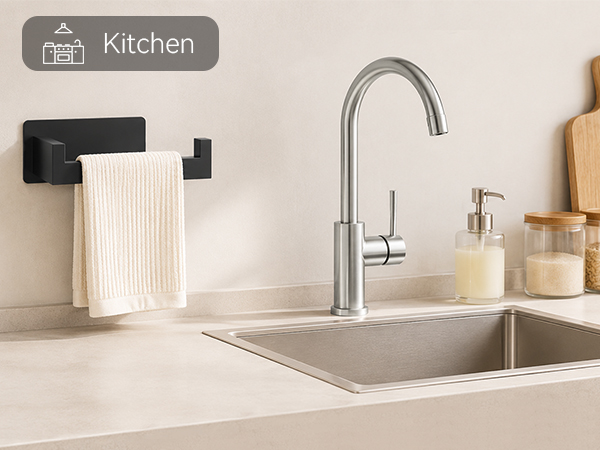 Black adhesive wall towel rack, modern kitchen sink area, hanging kitchen towel, no-drill storage
