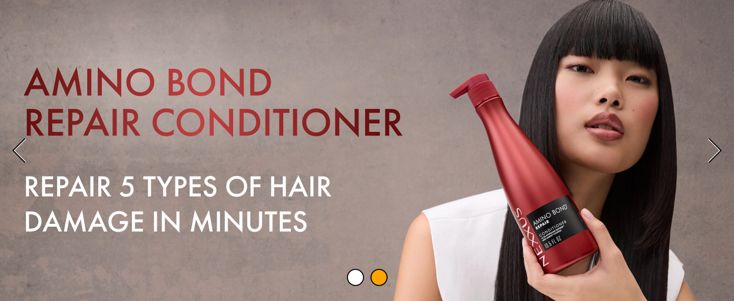 Woman with straight hair holding product&amp;#39;s pump bottle next to text highlighting product benefits.