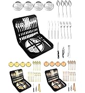 A · HOUSEWARE 60 Piece Titanium Camping Utensil Set Service for 12 People Flatware Knife Fork Spo...