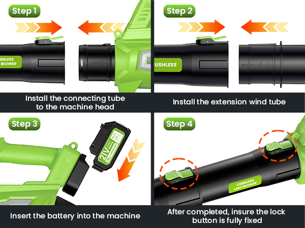 Text reads 'Step 1, Step 2, Step 3' on green arrows. Product assembly instruction sequence showing black cylindrical components being connected.