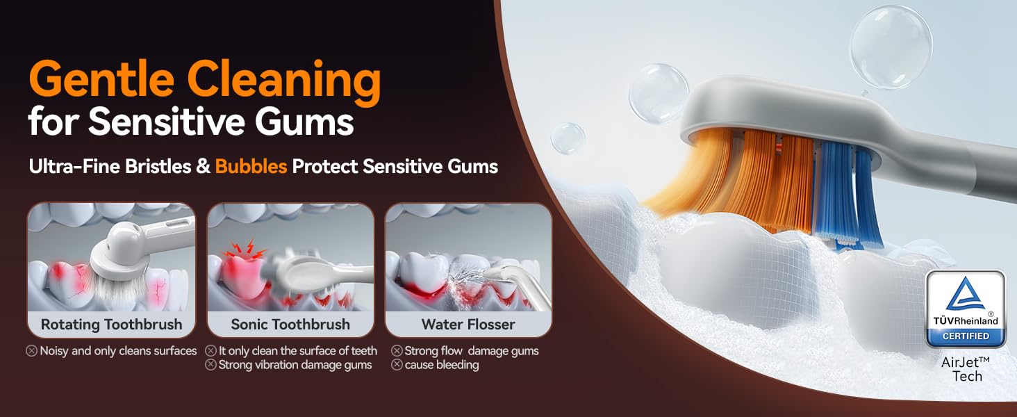 Text reads 'Gentle Cleaning for Sensitive Gums' with illustrated diagrams showing toothbrush bristle movements and cleaning technique.