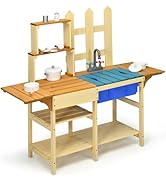 HONEY JOY Kids Mud Kitchen Playset, Indoor Outdoor Wooden Pretend Play Toy Kitchen with Removable...