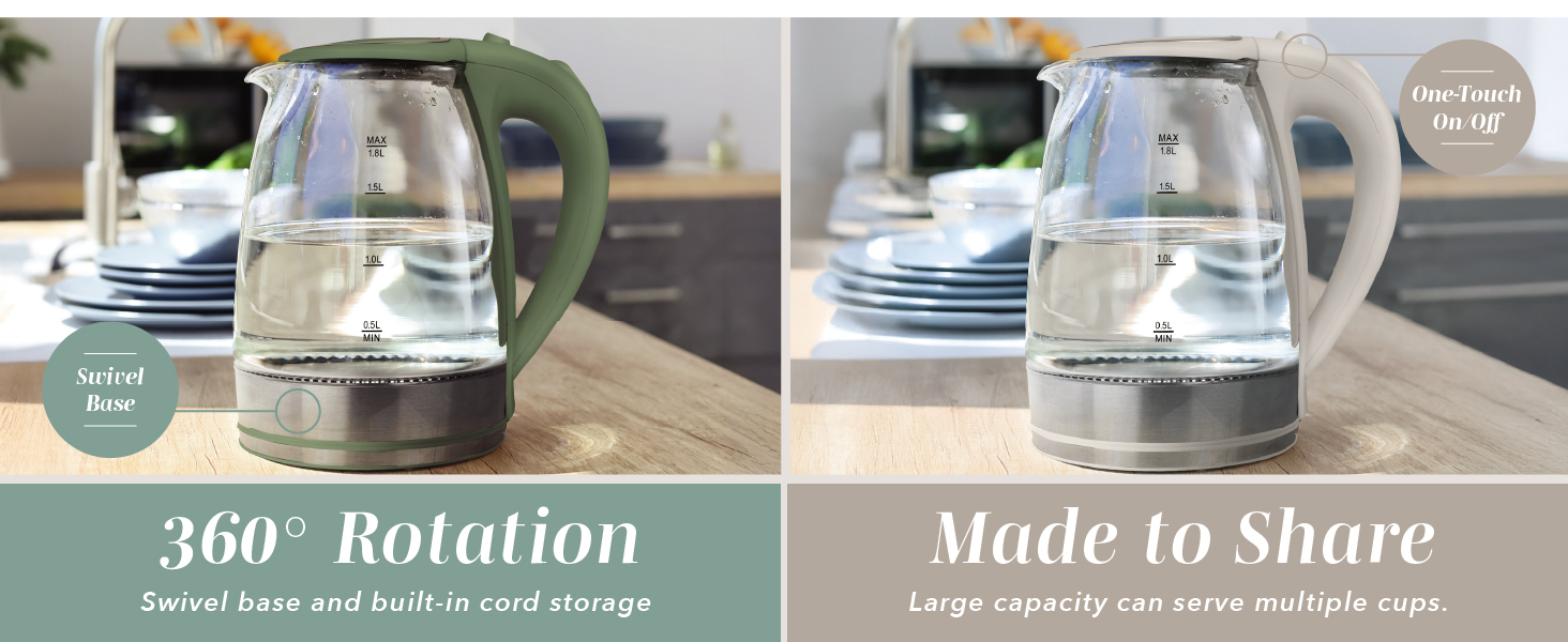 Electric glass kettle with 360° swivel base and one-touch control for effortless serving and sharing