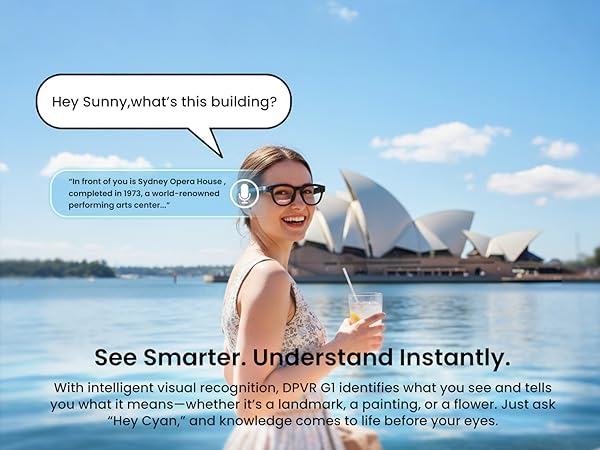 Text reads 'Hey looking what's this butchering?' and 'See Smarter. Understand Instantly. With [product name], you get instant insights on everything you need to know.' Woman wearing sunglasses against Sydney Opera House waterfront background.