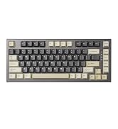 Multiple views of mechanical keyboards with beige and gray color schemes, showing different keyboard layouts and key arrangements.