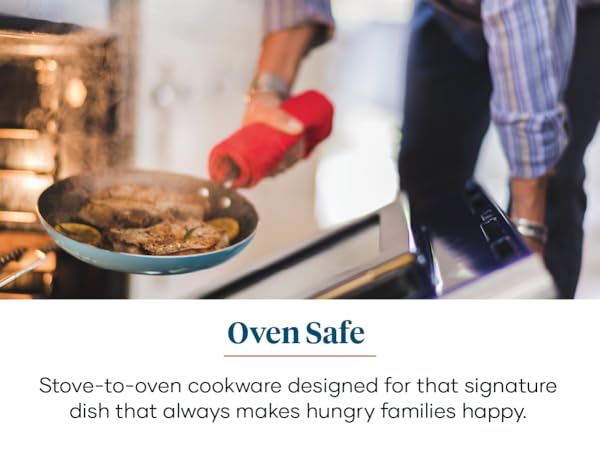 Farberware skillet going into the oven with food.