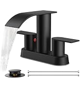 FORIOUS Matte Black Bathroom Sink Faucet, Waterfall 4 Inch Centerset Bathroom Faucets with Metal ...