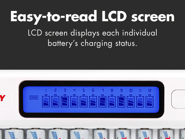 Easy to read LCD screen showing charging status for each battery