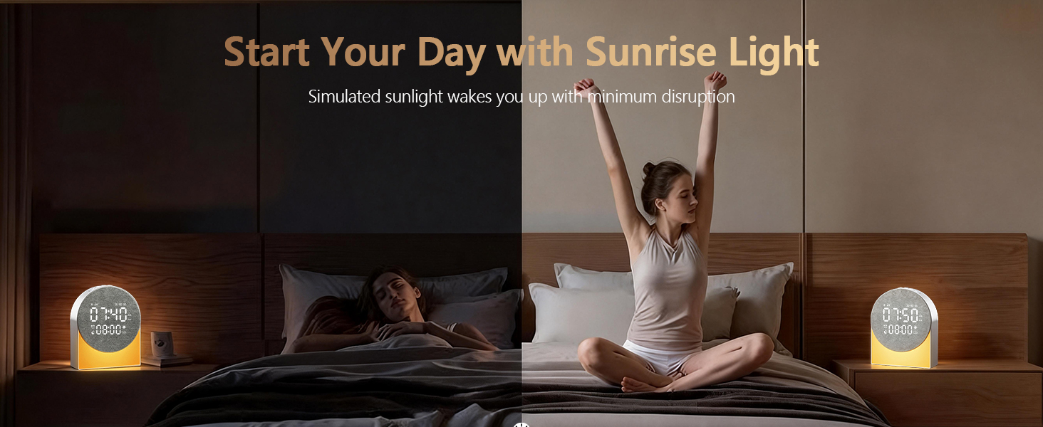 Text reads 'Start Your Day with Sunrise Light'. Three-panel image showing bedroom scene with simulated sunrise lighting effect, demonstrating wake-up light feature.