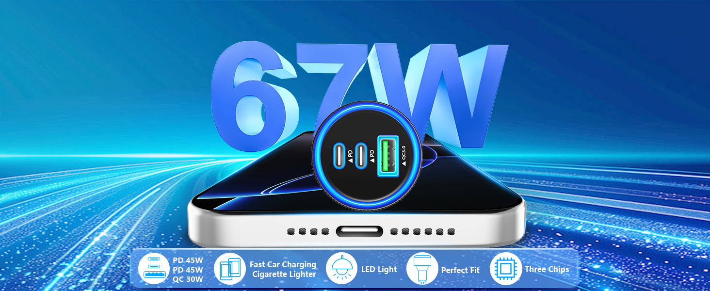 MFi Certified 3-Port 67W USB-C + USB-A Power Cigarette Lighter iPhone 16 Car Charger Fast Charging