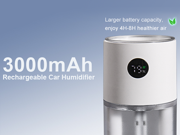 rechargeable humidifier for car battery capacity is 3000mAh, brings up to 8 hours of humidification