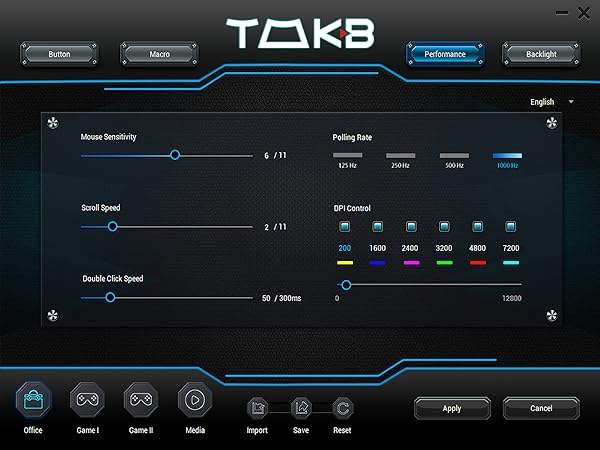 Mouse Sensitivity/Scroll Speed/Double Click Speed/Poling Rate/DPI Control