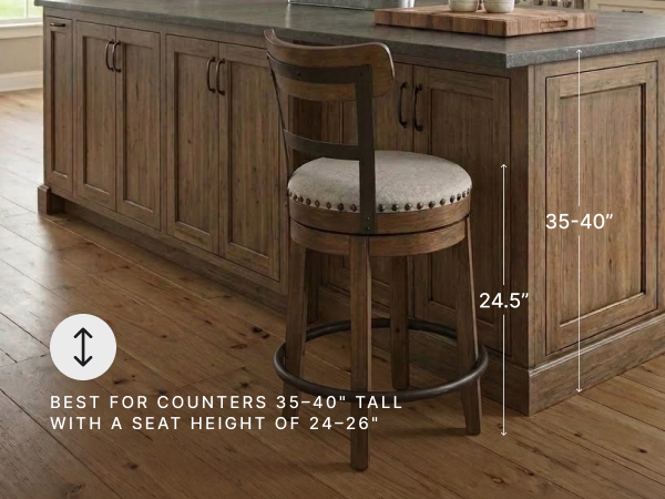 Dining room swiveling barstool showing splayed legs and wood frame construction in brown