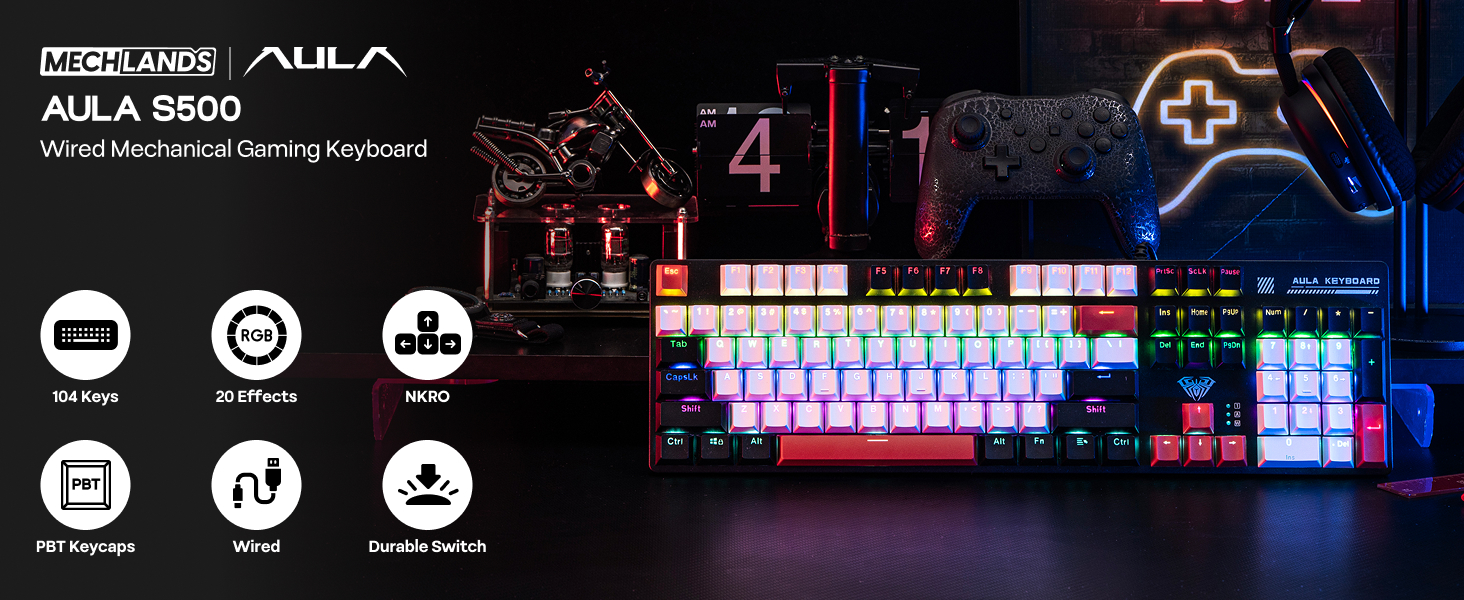 Gaming keyboard layout diagram with illuminated keys showing various color schemes and lighting patterns in blue and red tones.