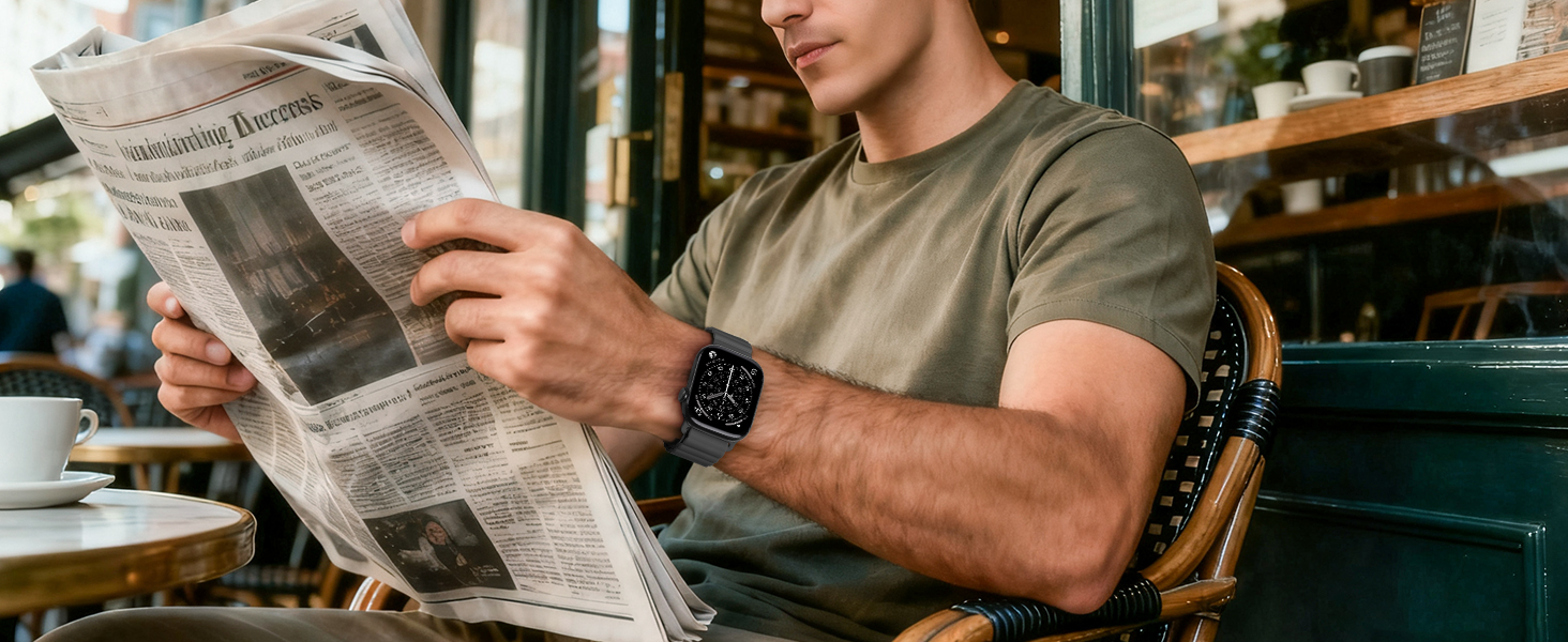 Several cropped views of someone holding and reading a newspaper, photographed in warm lighting against a blurred cafe or restaurant background.