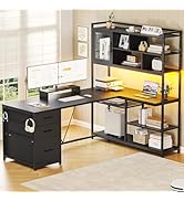 SEDETA L Shaped Computer Desk, 58'' Office Desk with 3 Drawers and Bookshelf, L Shaped Corner Des...