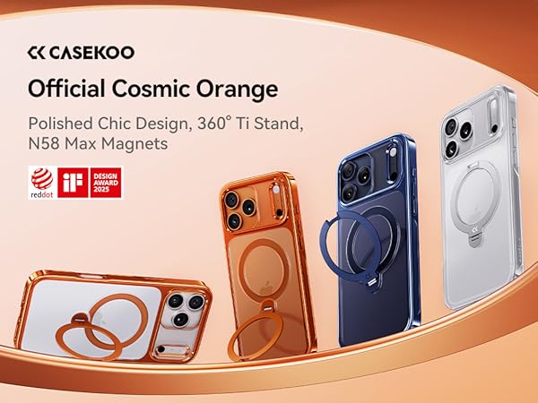 Orange for iPhone 17 Pro Max Case with 360 Spin Magnetic Stand Slim Polished Clear