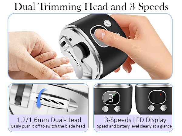 3-speeds-setting electric nail clipper with 1.2mm/1.6mm trimming head for soft/thick nail