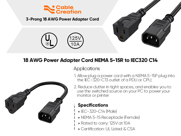 CableCreation 1 Feet Standard Computer Power Adapter Cord