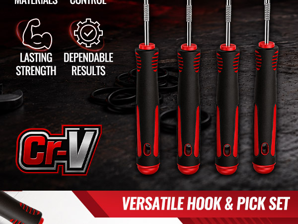 Four-piece pick tool set with red-and-black handles, a CR-V mark, and a 45-degree hook.