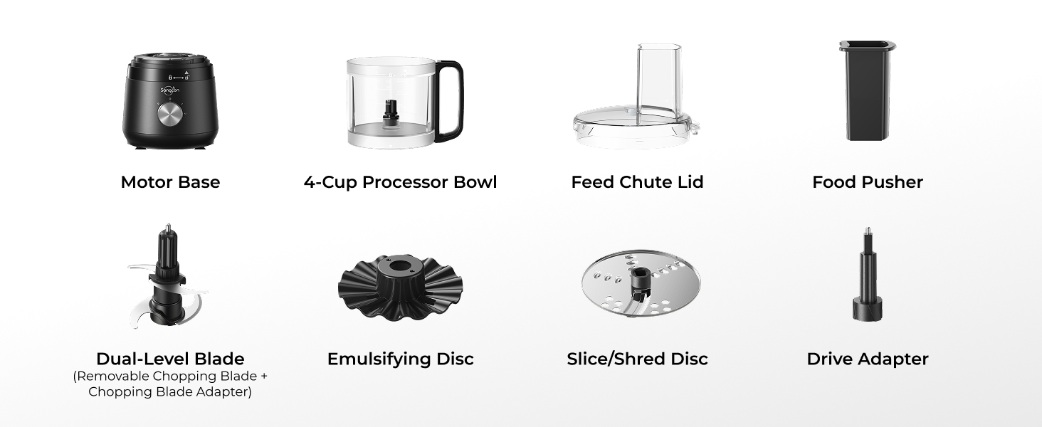 Sangcon 4-cup mini food processor with motor base, bowl, lid, pusher, blades and discs.