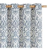 jinchan Linen Curtains for Bedroom Slate Blue Damask Curtains 84 Inches Long for Living Room Ligh...