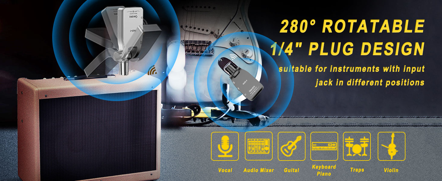 280° rotatable 1/4" plug design for audio equipment, featuring compatibility with various instruments and devices like microphones, guitars, and synthesizers.