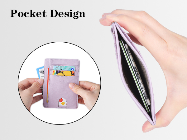 Compact wallet design with multiple card slots. Images show a purple wallet being held open, displaying its interior pockets and card organization features.
