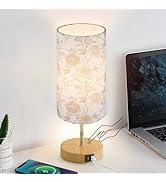Lolikit Bedside Touch Lamp, Wood Small Table lamp with 2 USB Charging Ports &amp; Flower Fabric Shade...