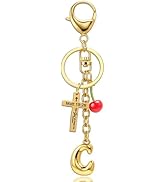 Jekvill Bubble letter Keychain with Cross &amp; Cherry - Gold Letter Bag Charms for Women, Cute Purse...