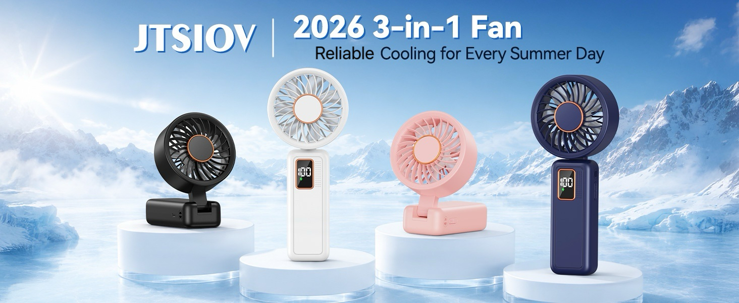Text reads 'JTSOOY' and '2026-3-11 IN-NEW' and 'Celebrating Daughter Day.' Four handheld fans in black, white, pink, and dark blue colors displayed on blue cloudy sky background.