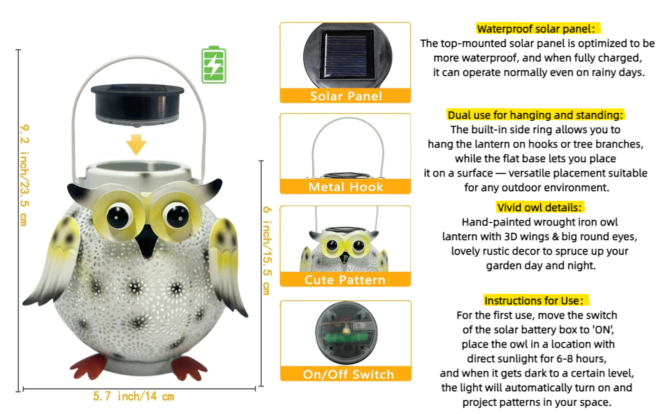 Waterproof Owl Solar Lantern for Outdoor Garden Decor